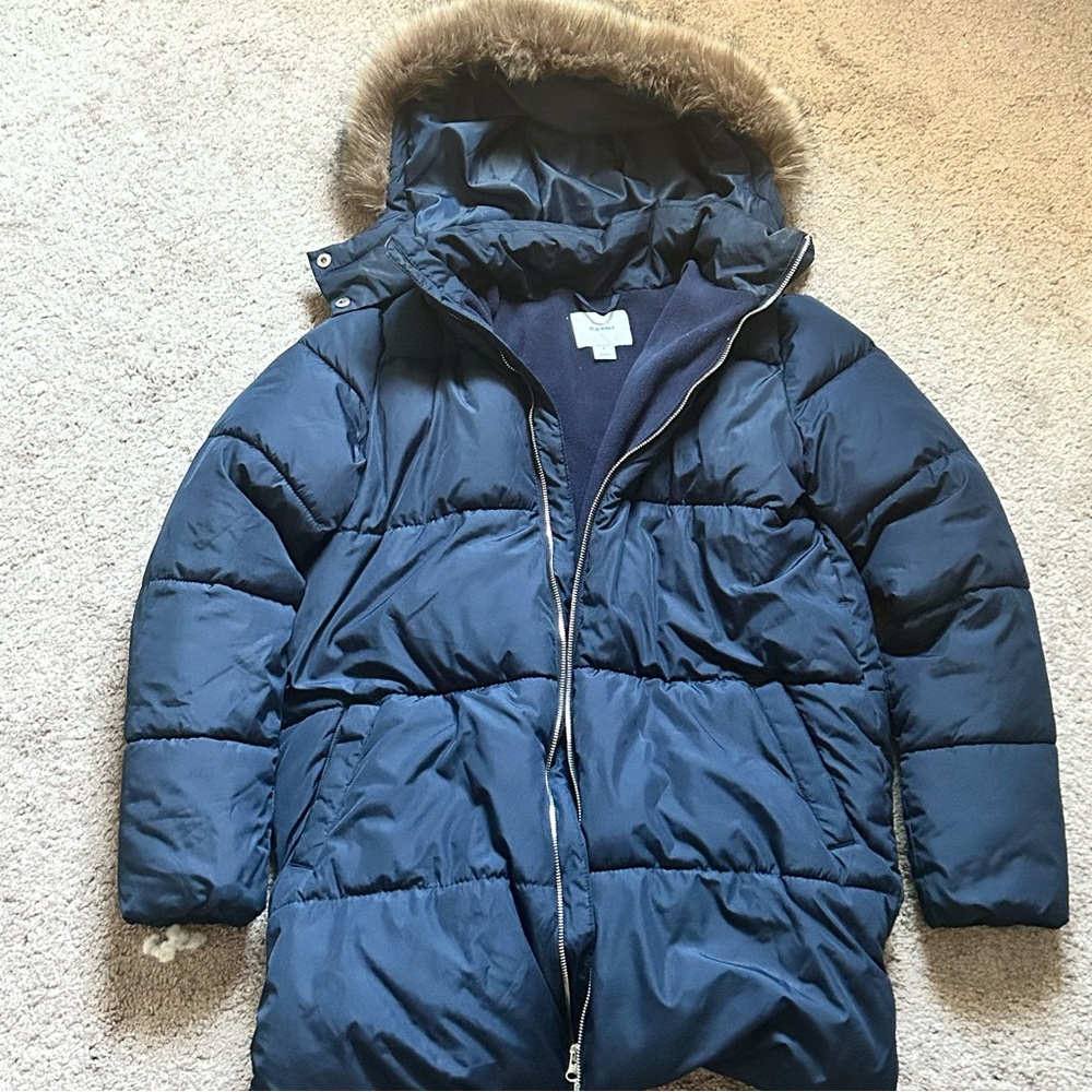 Women’s Navy Blue Puffer Jacket with Fur Trim